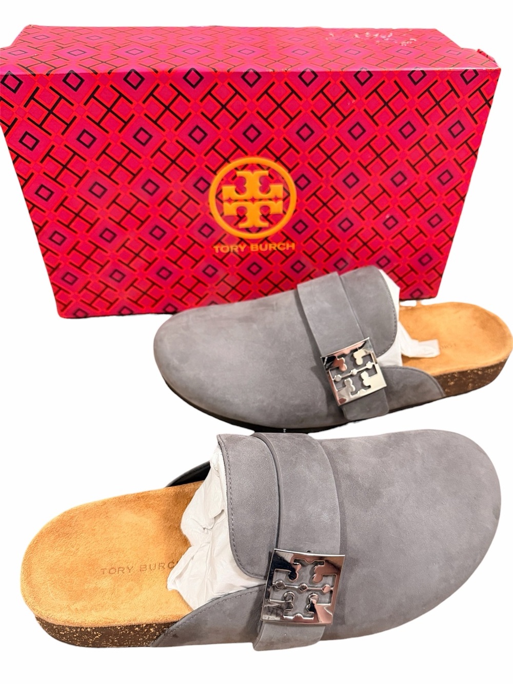 Tory Burch Mellow Mule Charcoal Gray/Silver Suede Slip-On Clogs NWT 7 - Picture 2 of 6